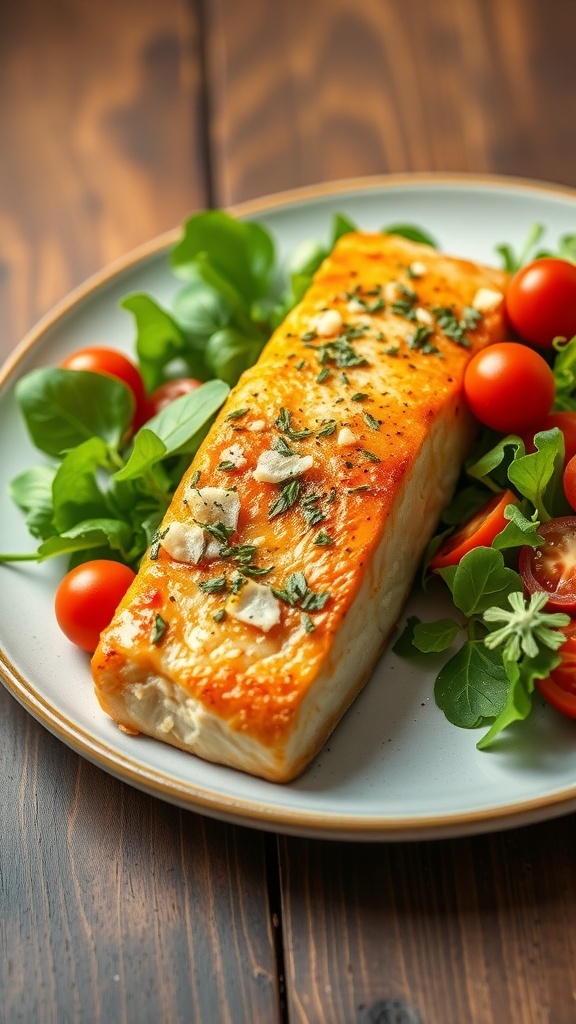 Crispy air fryer baked salmon fillet garnished with herbs, served with salad on a rustic table.